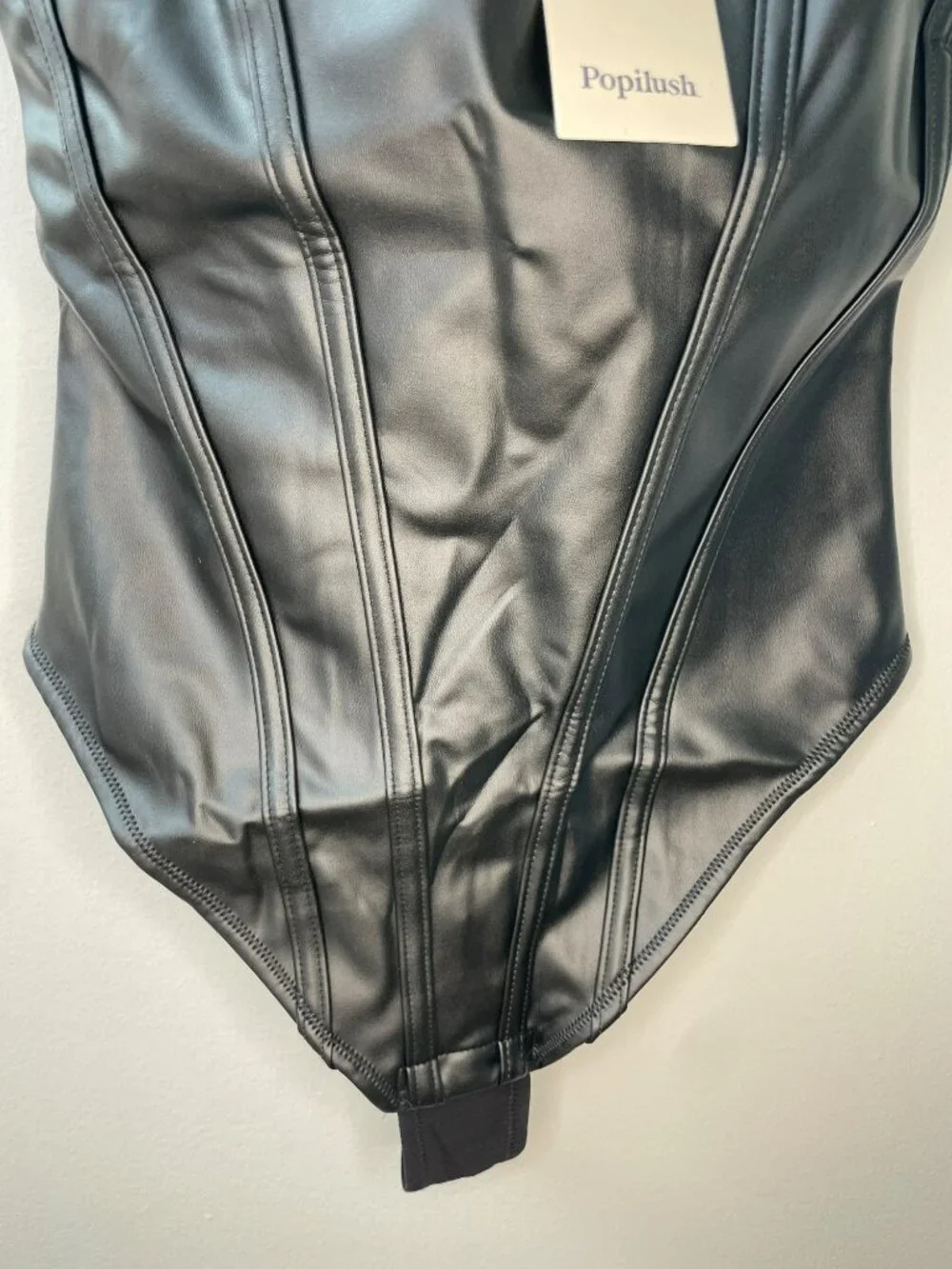 Popilush Shapewear Black Faux-Leather Bodysuit Built-in Bra Side Zip Size XS NWT - Picture 3 of 10